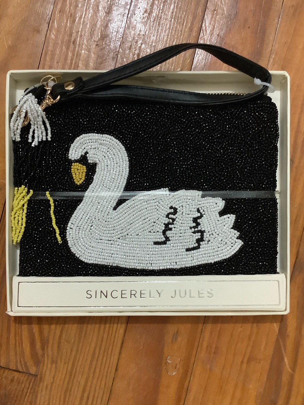 Sincerely Jules Black Beaded Wristlet with White Swan Appliqué